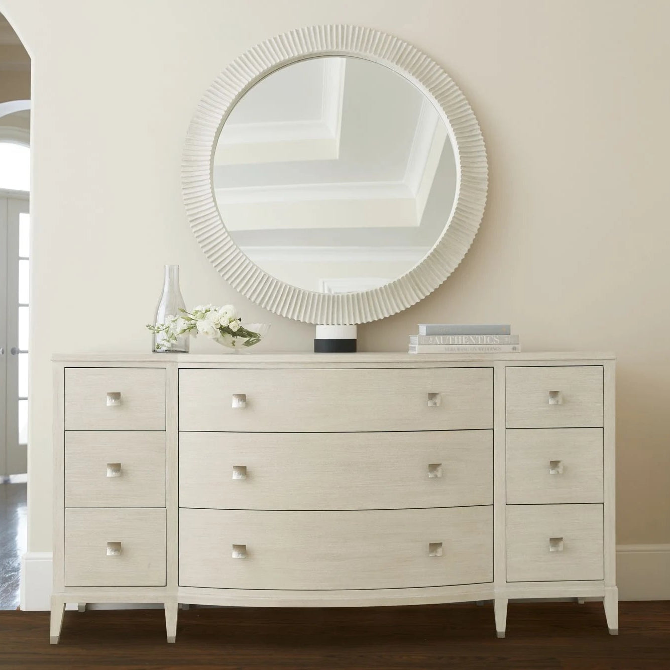 Bernhardt East Hampton Mirror in round, lifestyle setting