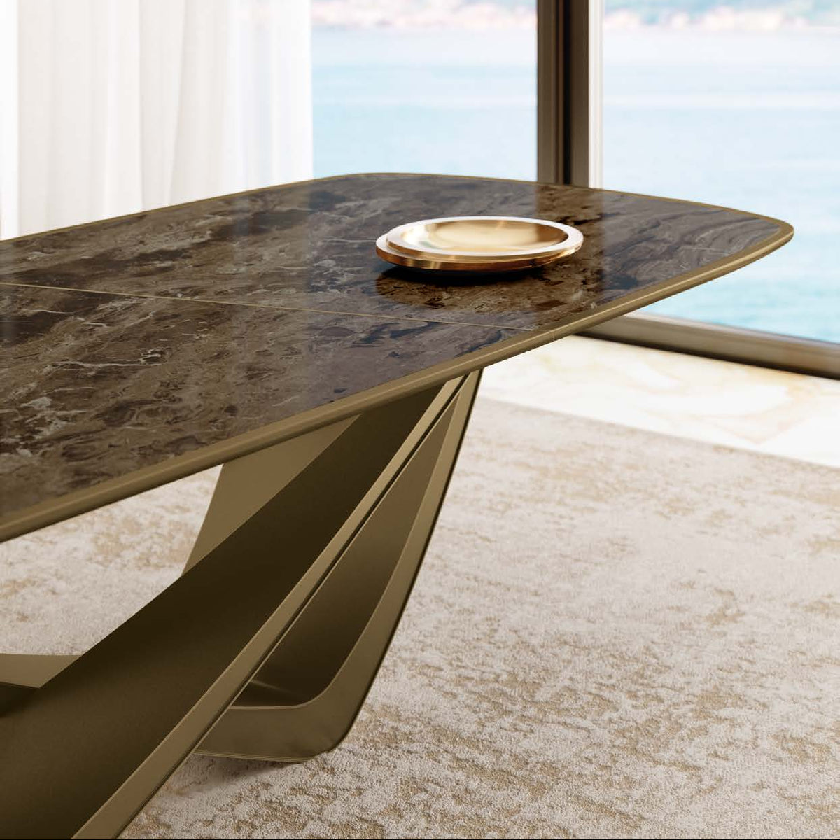 Bontempi Casa Bach Fixed Dining Table in ceramic, close-up of top and sculptural base