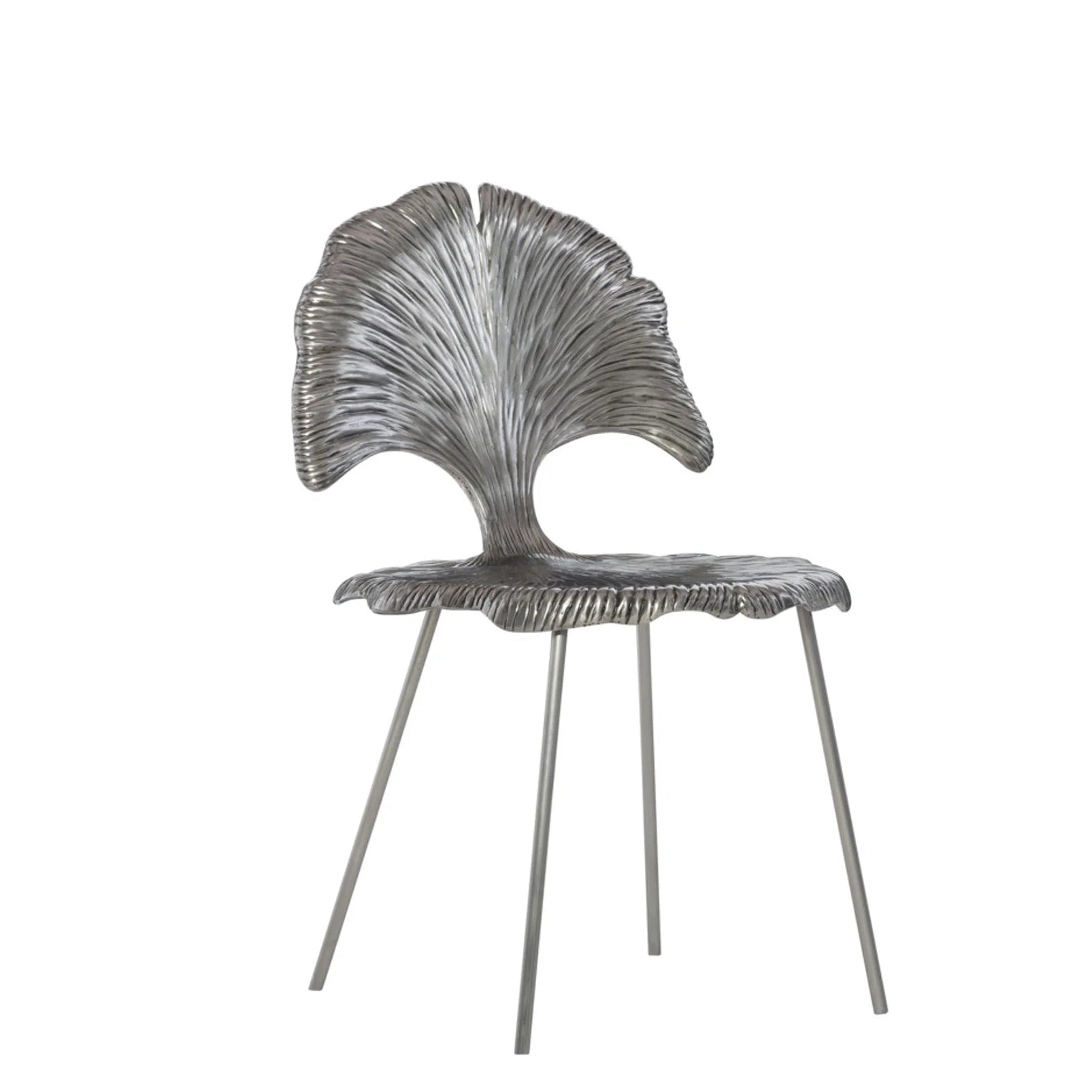 A modern sculptural side chair with a metallic silver seat and backrest featuring a textured, fan-like leaf design, supported by slim metal legs, shown against a plain white background.