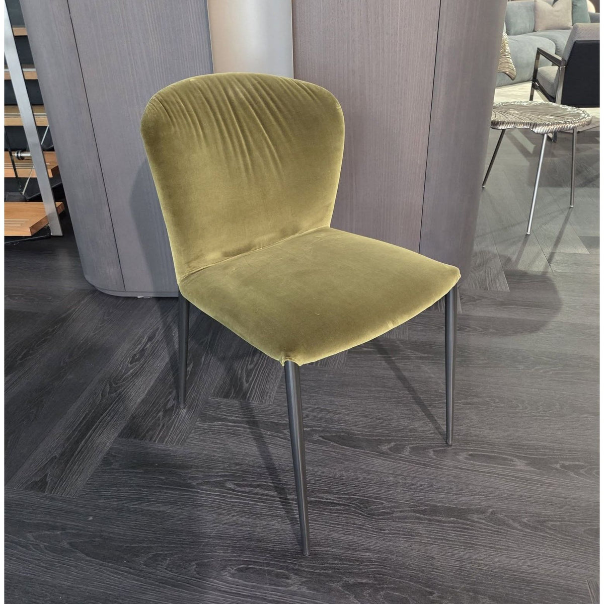Bontempi Casa Grace Dining Chair in Dark Green velvet with Natural Silver legs, showroom floor stock