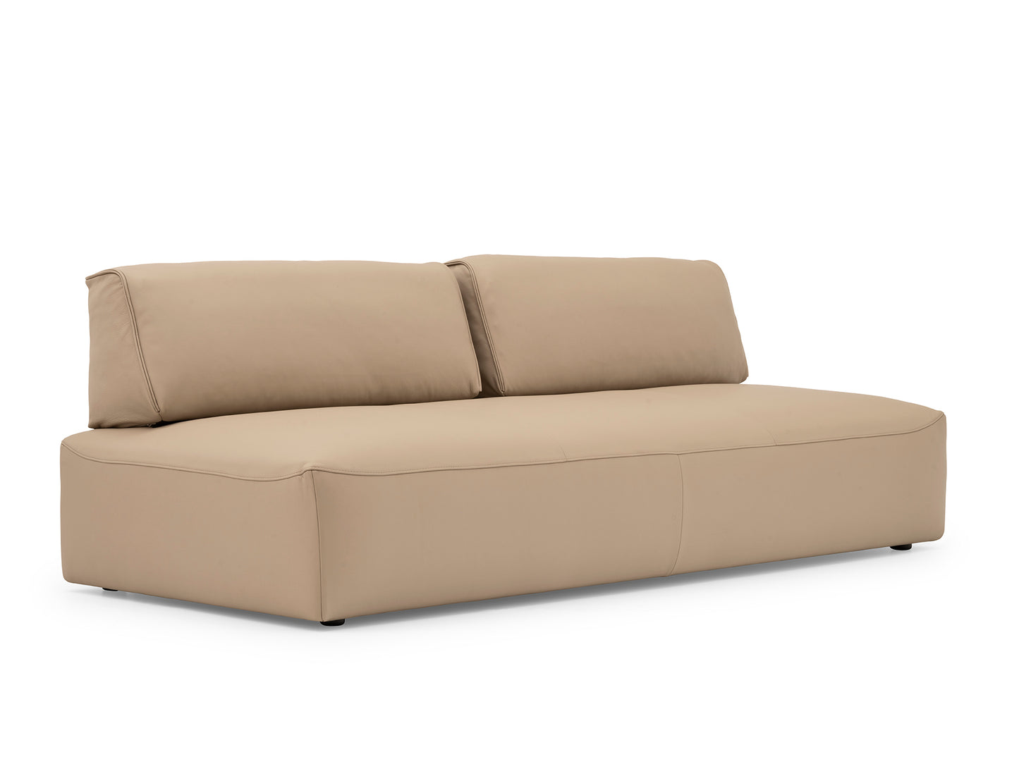 A modern low-profile sofa in a light beige fabric, featuring two thick back cushions and a wide seat, shown from a three-quarter angle on a white background.