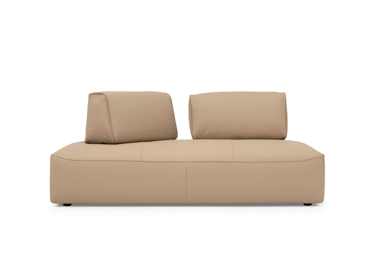 A modern modular sofa in a light beige leather or faux leather, featuring two separate back cushions and a low rectangular seat, shown against a plain white background.