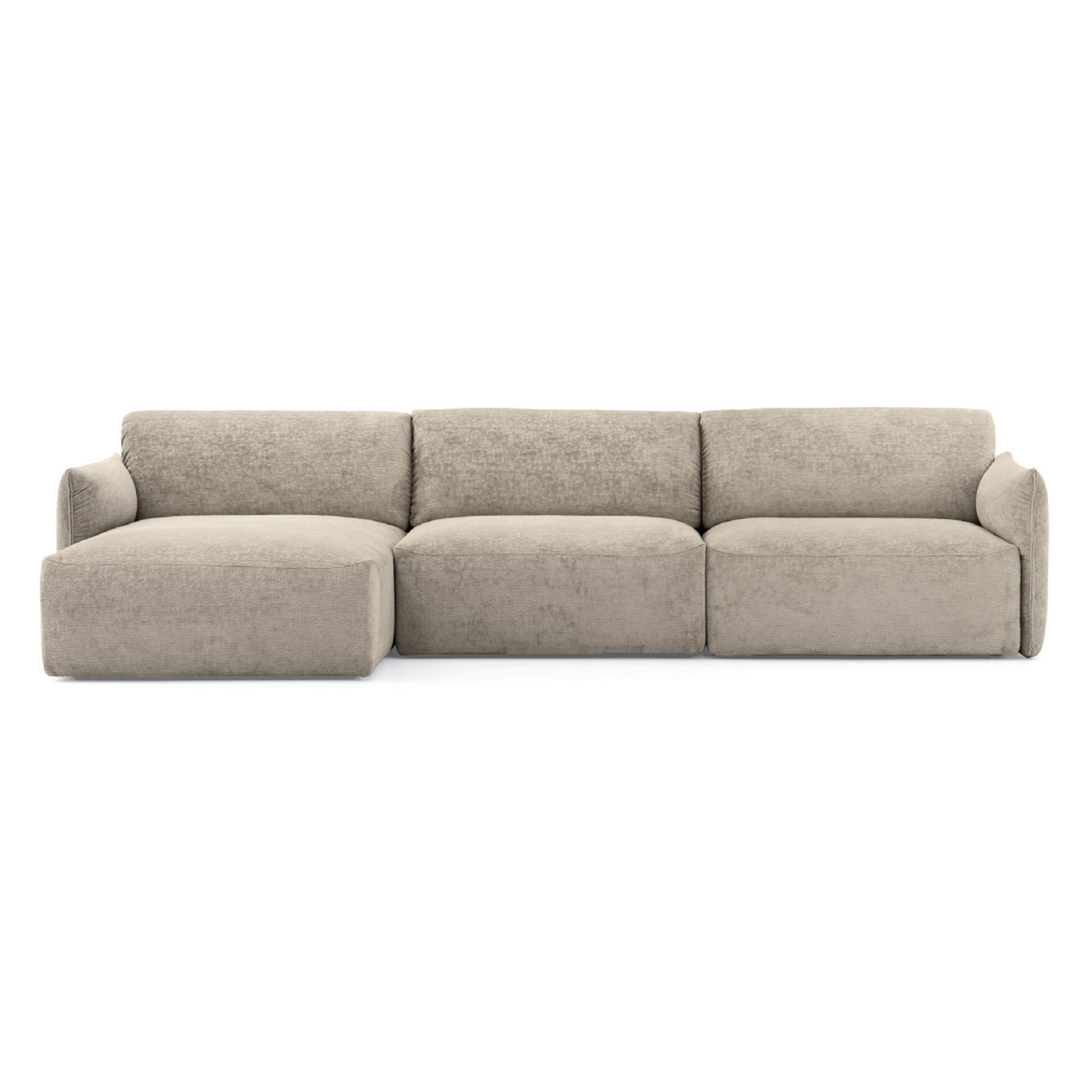 A modern three-seater sofa with a left-facing chaise lounge, upholstered in a textured light beige fabric, shown against a plain white background.