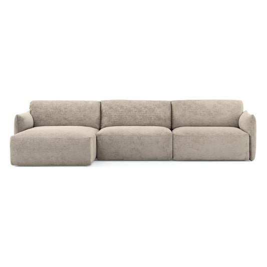 A modern three-seater sofa with a left-facing chaise lounge, upholstered in a textured light beige fabric, shown against a plain white background.