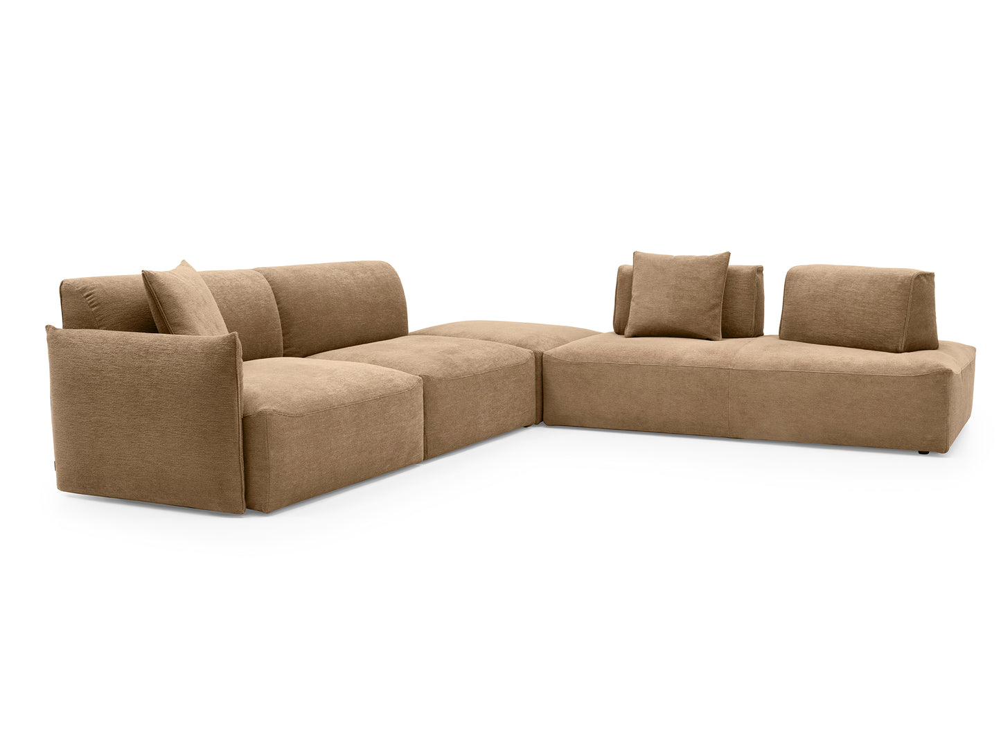 A modern modular sectional sofa upholstered in a textured taupe fabric, featuring a left armrest section, a central chaise, and a right armrest section with two matching back cushions, shown against a plain white background.