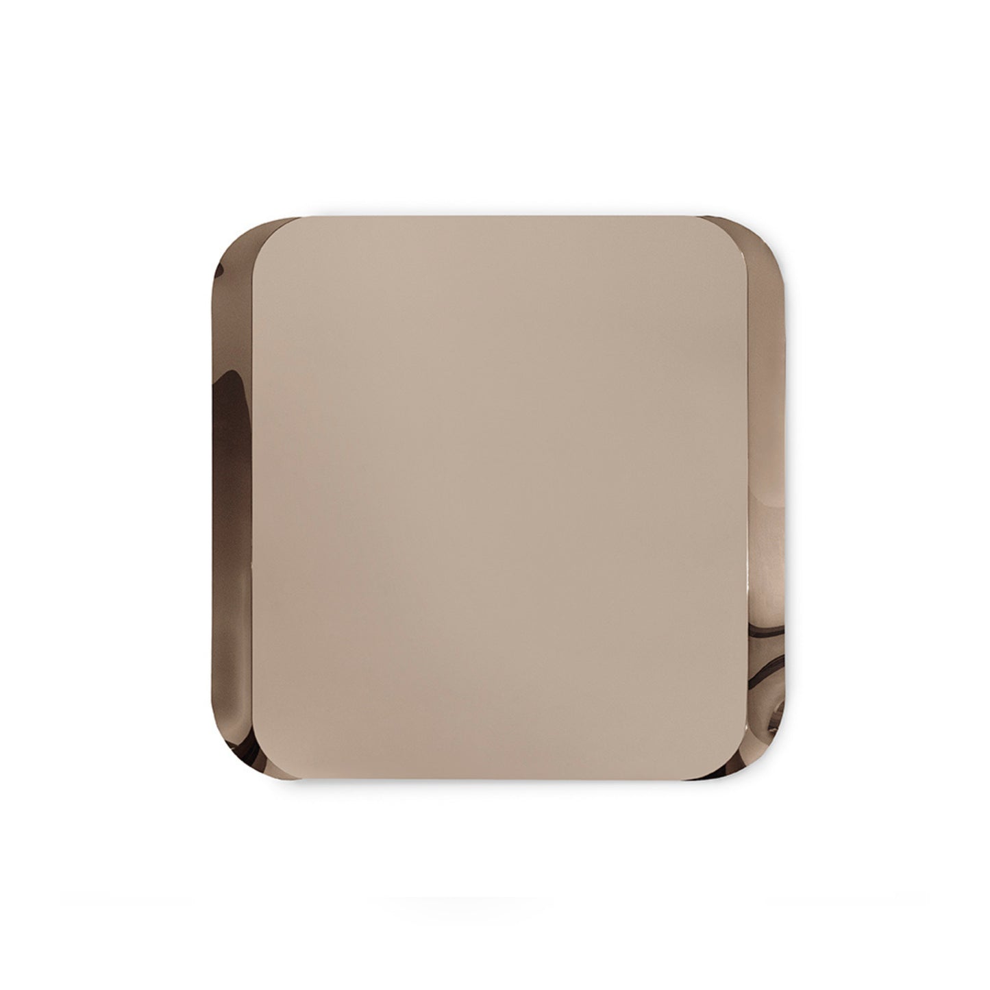 A square mirror with rounded corners and a reflective rose gold metallic frame, shown against a plain white background.