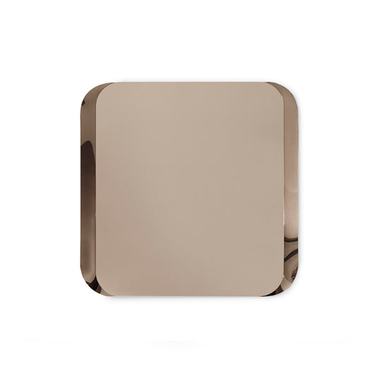 A square mirror with rounded corners and a reflective rose gold metallic frame, shown against a plain white background.