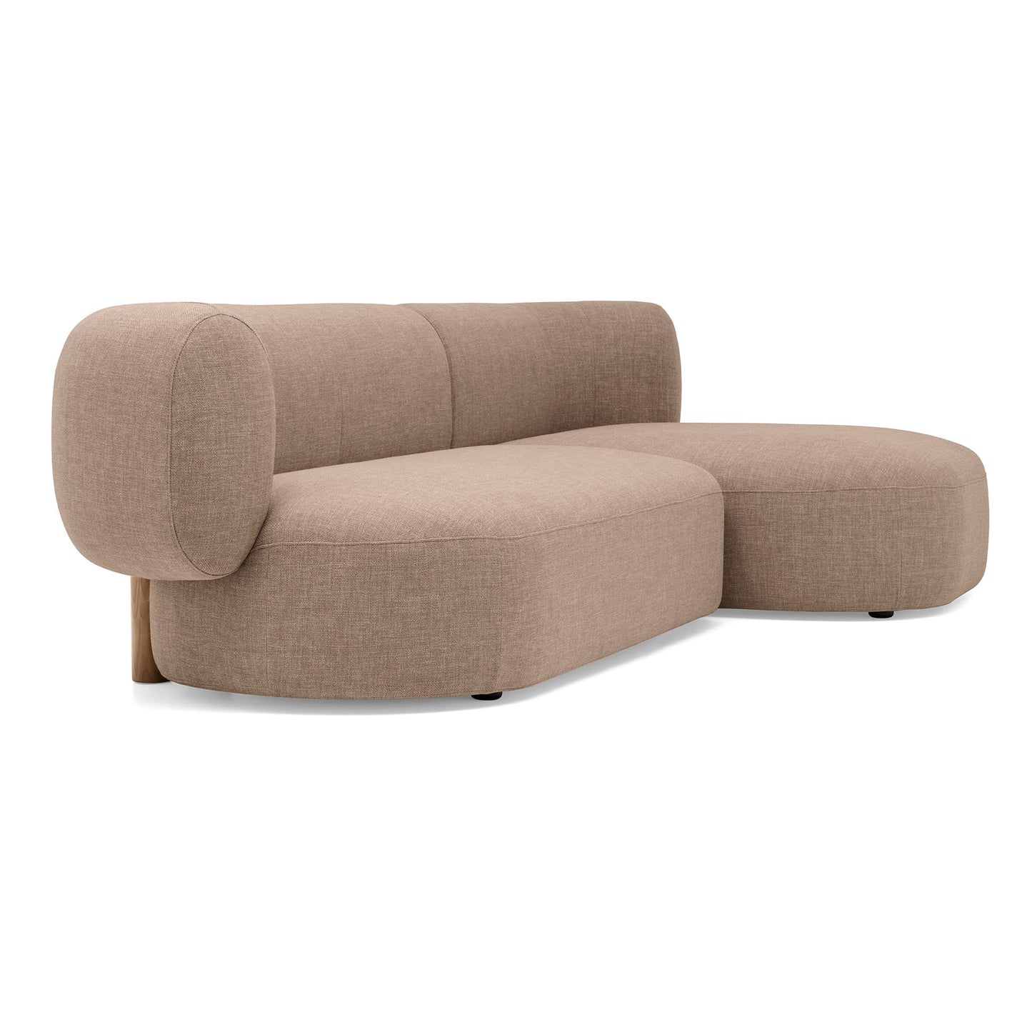 A modern curved modular sofa upholstered in a textured taupe-beige fabric, featuring a low round backrest and a chaise lounge section, shown on a plain white background.