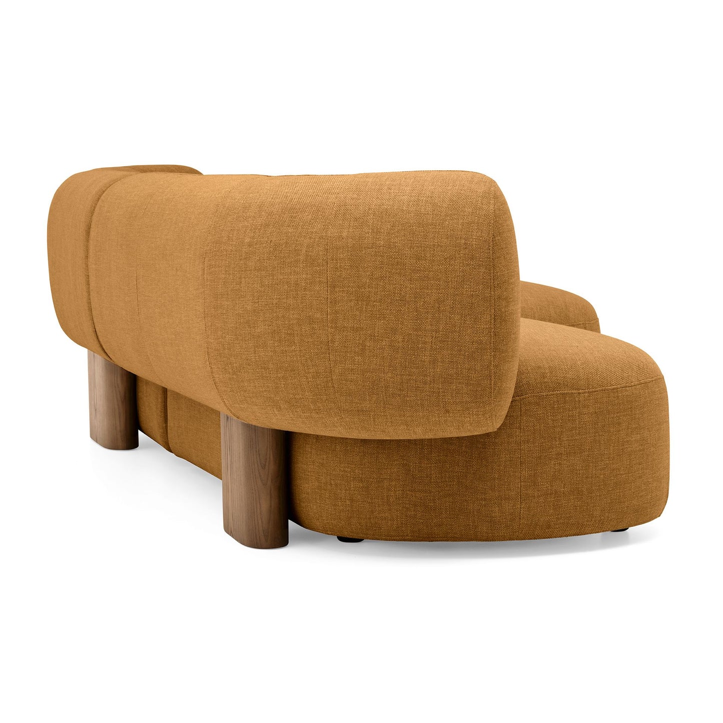 A modern curved upholstered bench or sofa in a warm camel-brown textured fabric, supported by four cylindrical wooden legs, shown on a plain white background.