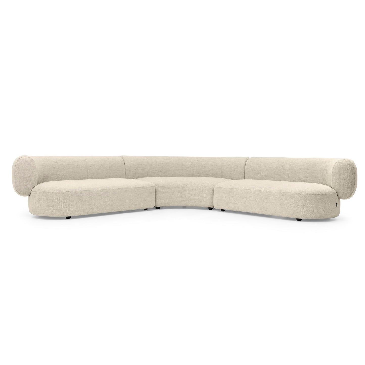 A modern curved modular sofa upholstered in a light beige textured fabric, shown from a front-facing perspective against a solid white background.