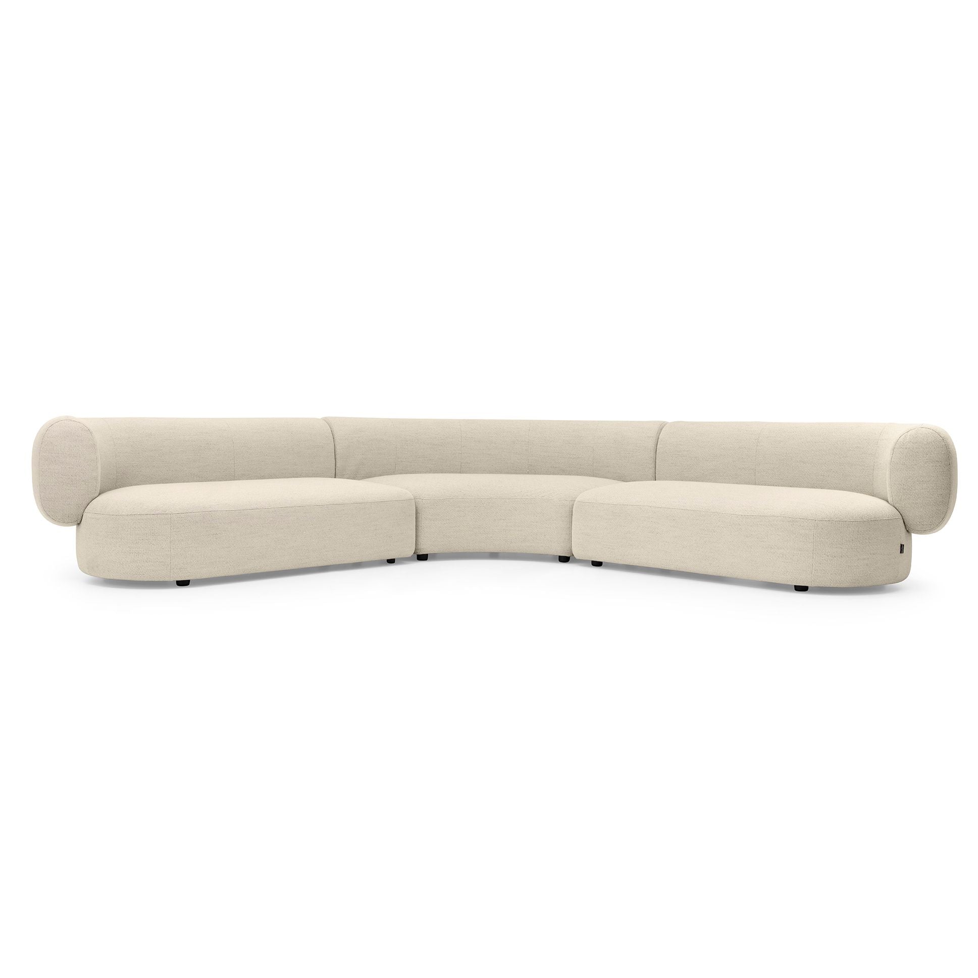 A modern curved modular sofa upholstered in a light beige textured fabric, shown from a front-facing perspective against a solid white background.