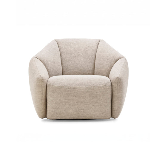 A modern low-profile barrel armchair upholstered in a textured light beige fabric, shown from a front-facing perspective on a solid white background.