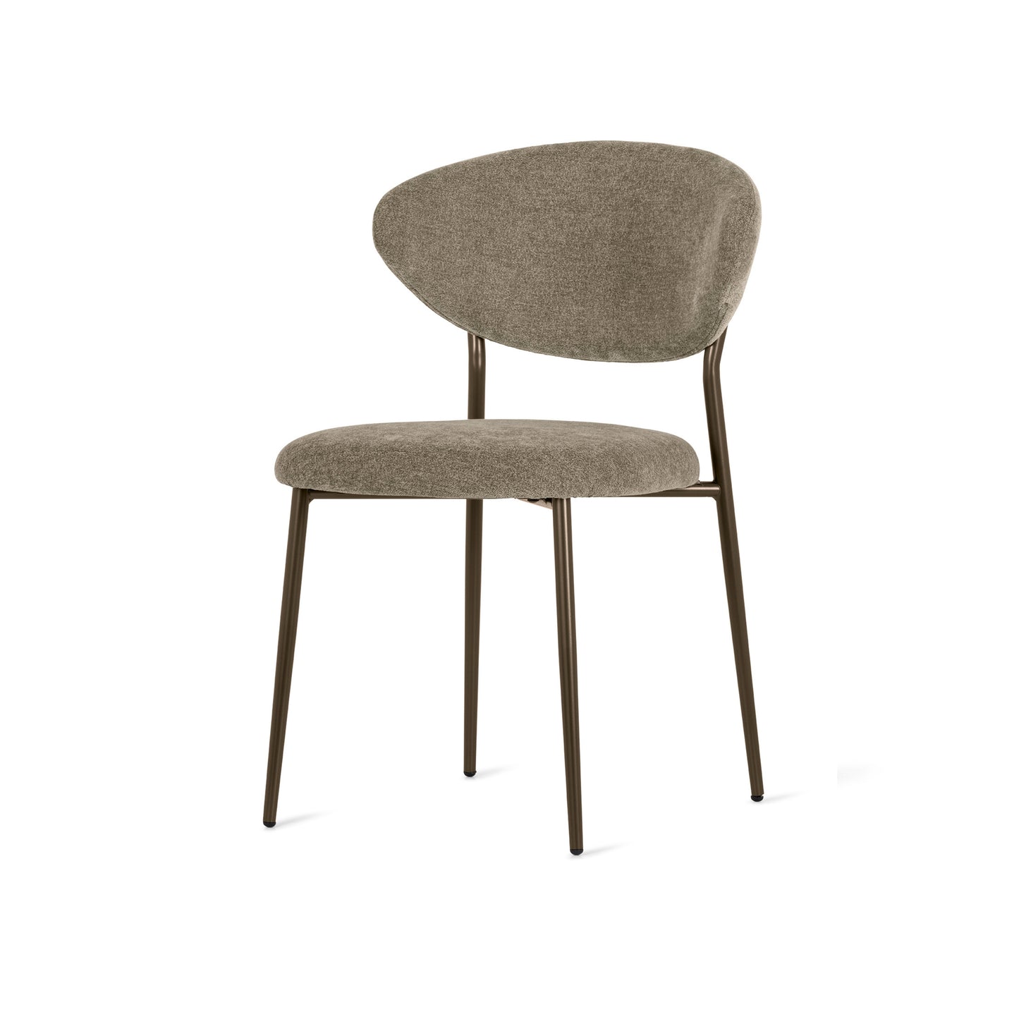 A modern dining chair with a curved upholstered backrest and seat cushion in a textured taupe fabric, supported by slim dark metal legs, shown against a plain white background.