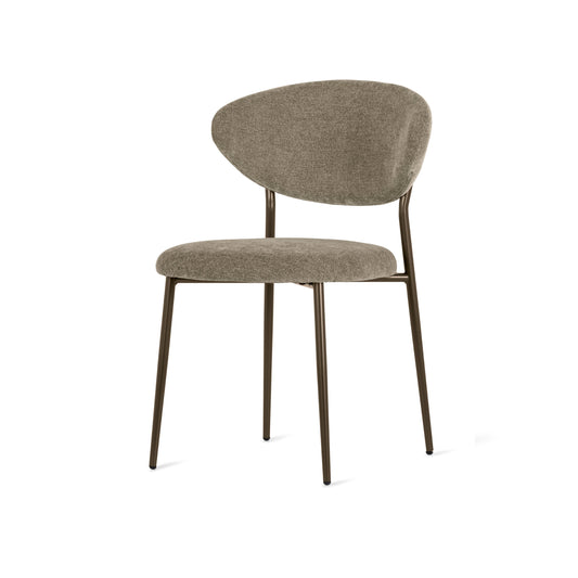 A modern dining chair with a curved upholstered backrest and seat cushion in a textured taupe fabric, supported by slim dark metal legs, shown against a plain white background.
