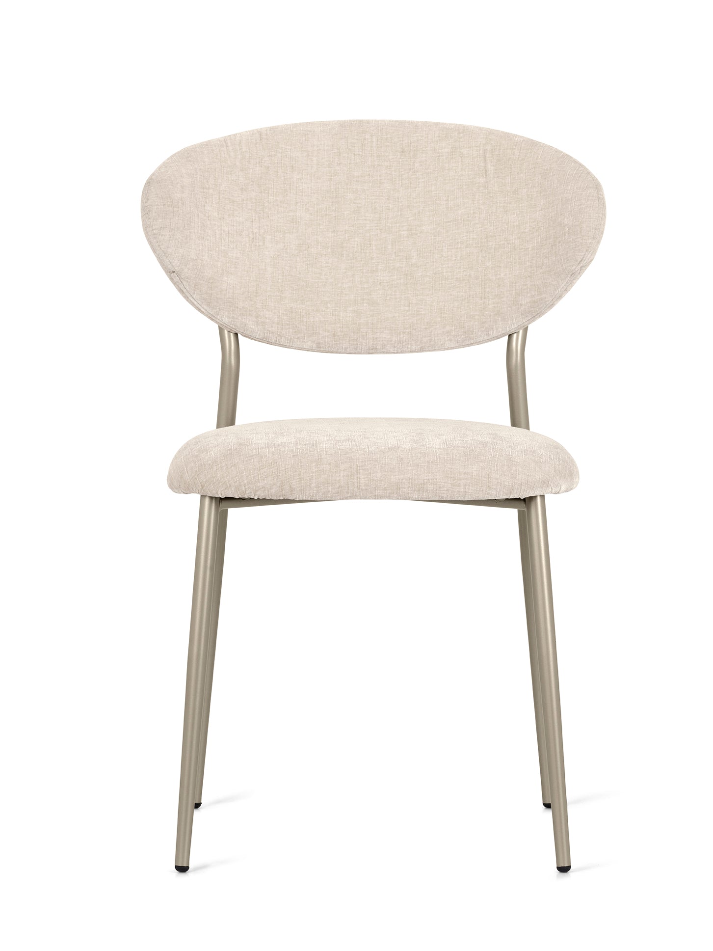 A modern dining chair with a light beige textured fabric upholstery on the seat and oval backrest, supported by slim metallic silver legs, shown against a plain white background.