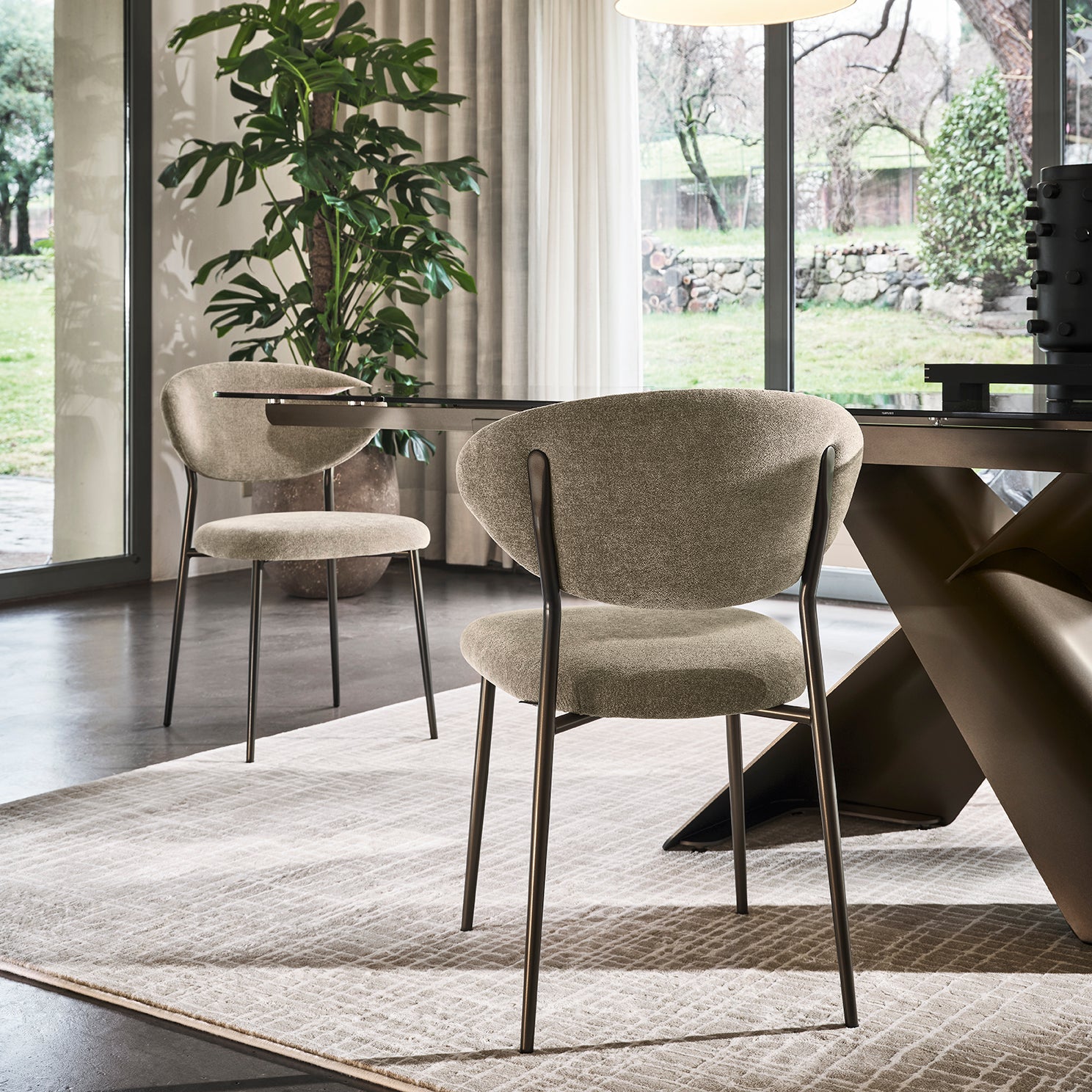 A modern dining room scene featuring two upholstered accent chairs with dark metal legs, a dark wood dining table, a large potted plant, and a hanging pendant light.