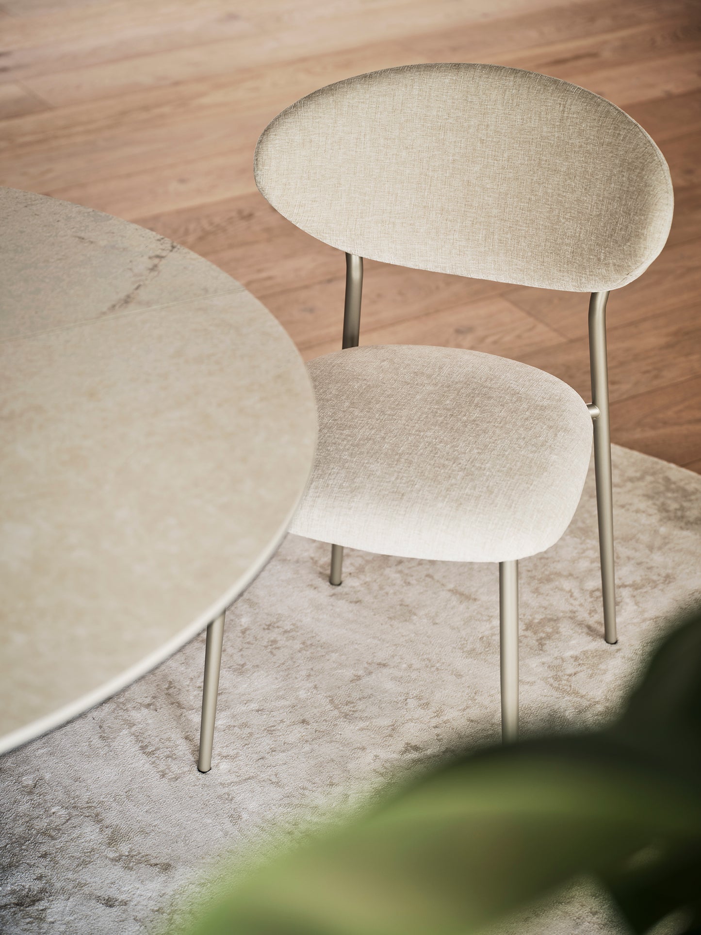 A modern upholstered dining chair with a rounded backrest and slim metal legs, shown beside a round table on a light rug over a wood floor.