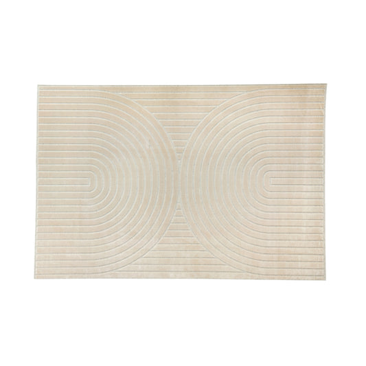 A rectangular cream-colored rug featuring a modern geometric design of two large interlocking semi-circles created by concentric curved lines.