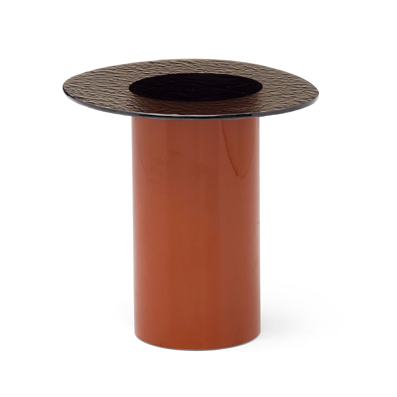 A modern cylindrical side table with a glossy terracotta orange base and a dark brown textured circular top, shown on a plain white background.