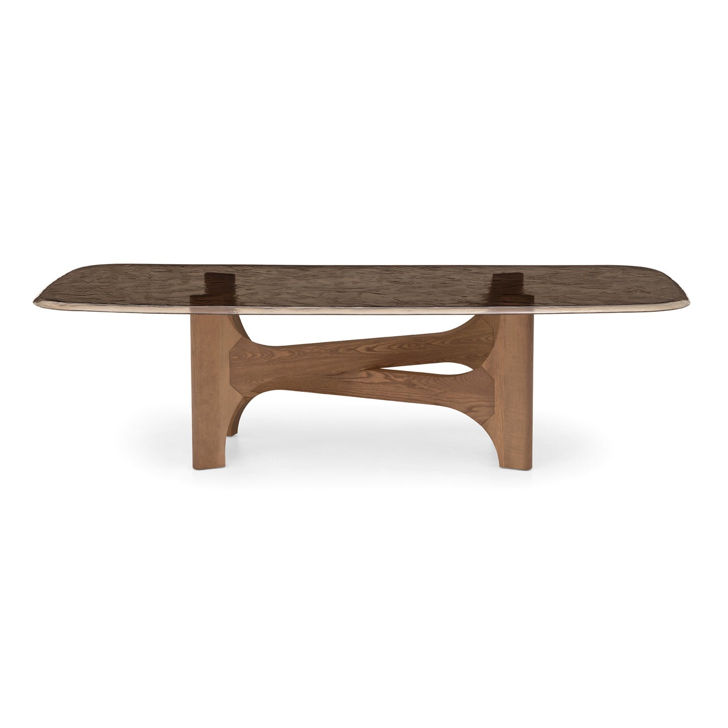A modern rectangular coffee table with a dark brown wood grain top and a sculptural, curved wooden base, shown against a plain white background.