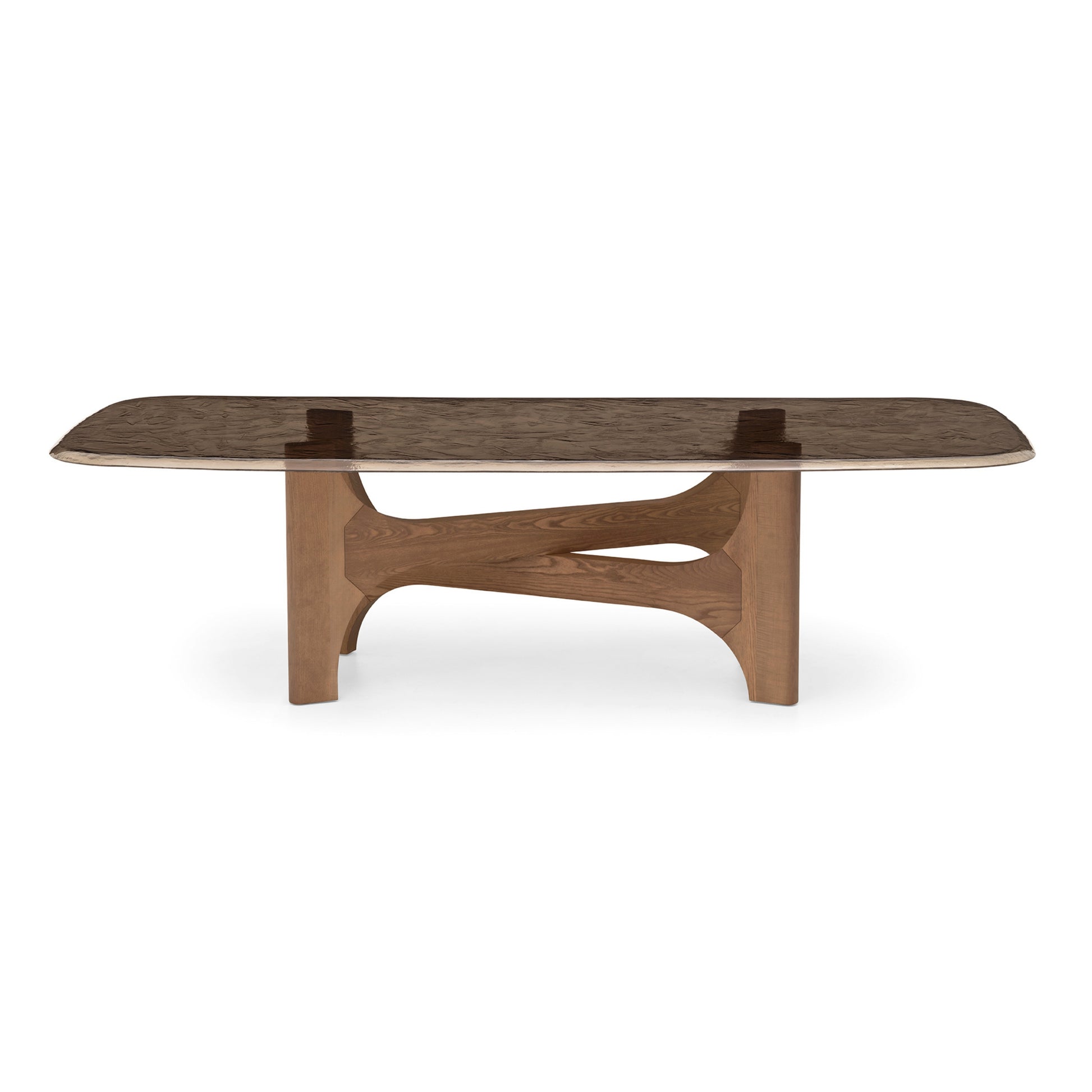 A modern rectangular coffee table with a dark brown wood grain top and a sculptural, curved wooden base, shown against a plain white background.